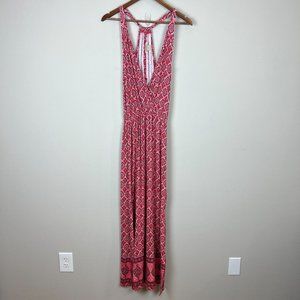 Lucky Brand Maxi Dress‎ Small Red Geometric Boho V-Neck Side Slit Sleeveless
